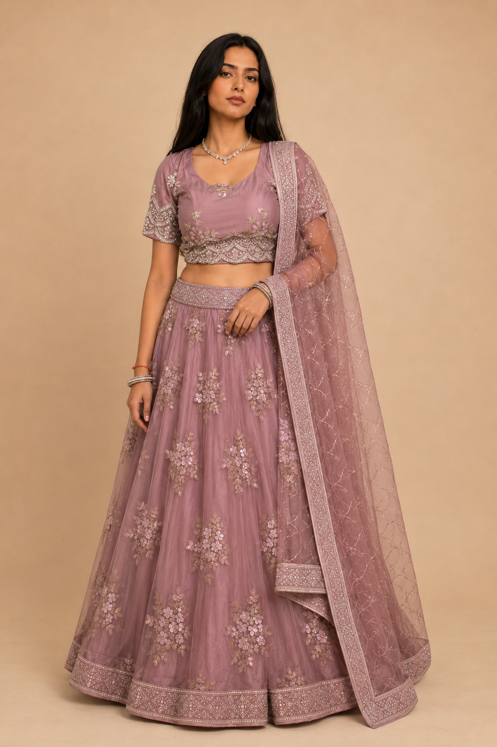Mauve Floral Embroidered Lehenga